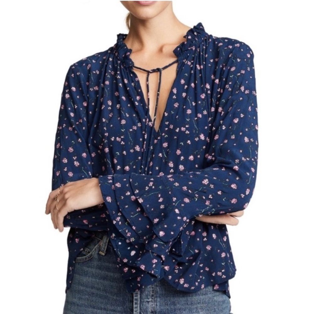 Cleobella Tie Neck Floral Blouse Navy Pink Tiered Bell Sleeve Ruffle XS